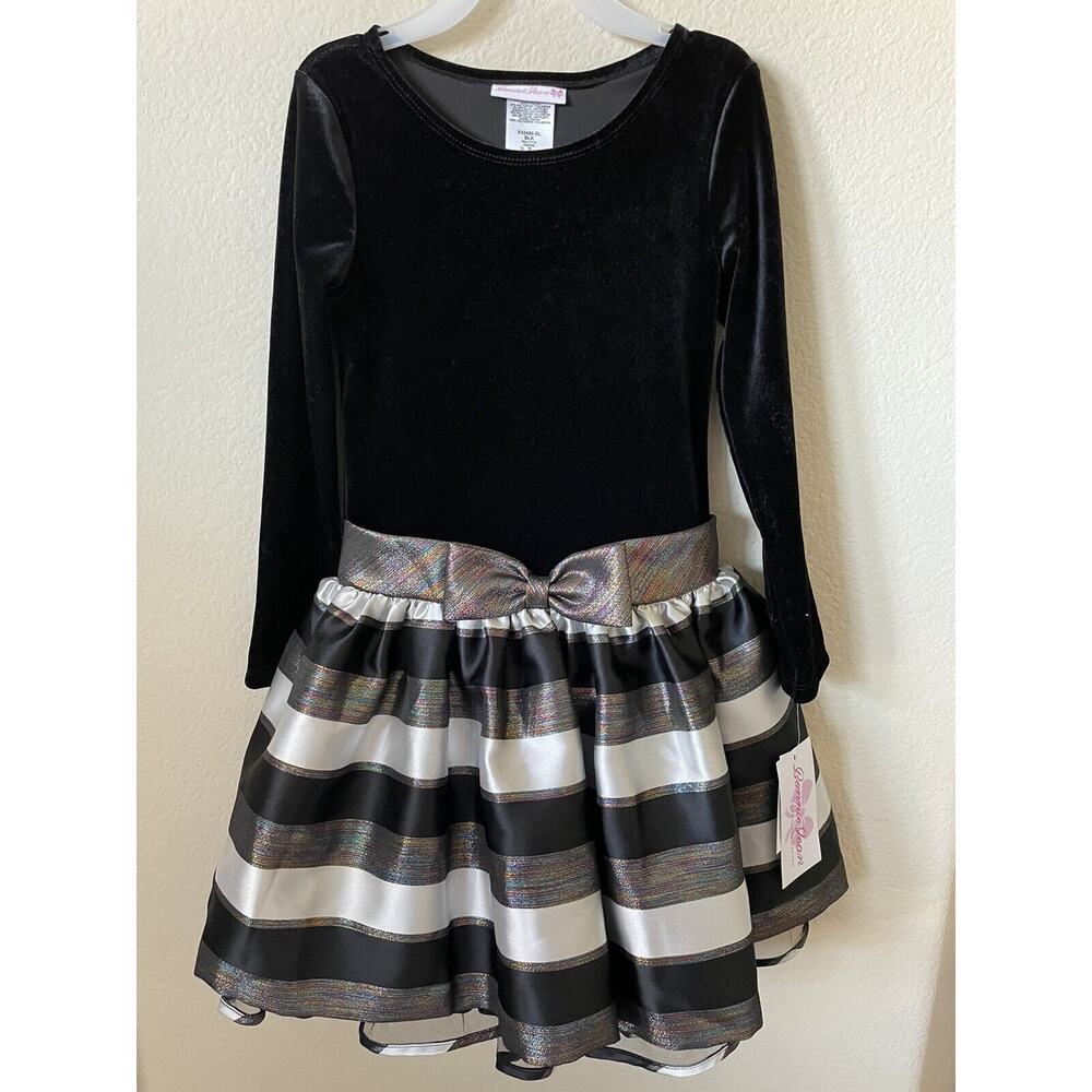 Bonnie Jean Black Velour Bodice Bow Striped Girls Dropped Waist Dress Size 7